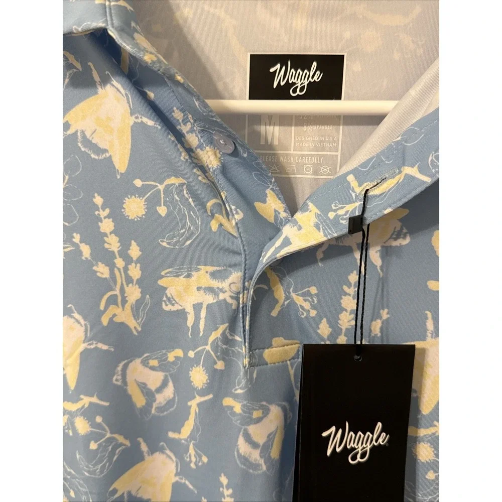 Waggle Golf Polo Buzzin' Bee & Floral Design Men's Size M Blue & Yellow NWT - Picture 3 of 4
